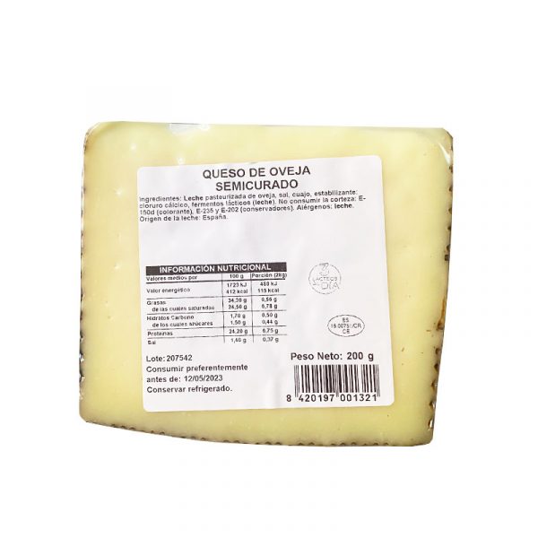 valores nutricionales queso de oveja semicurado